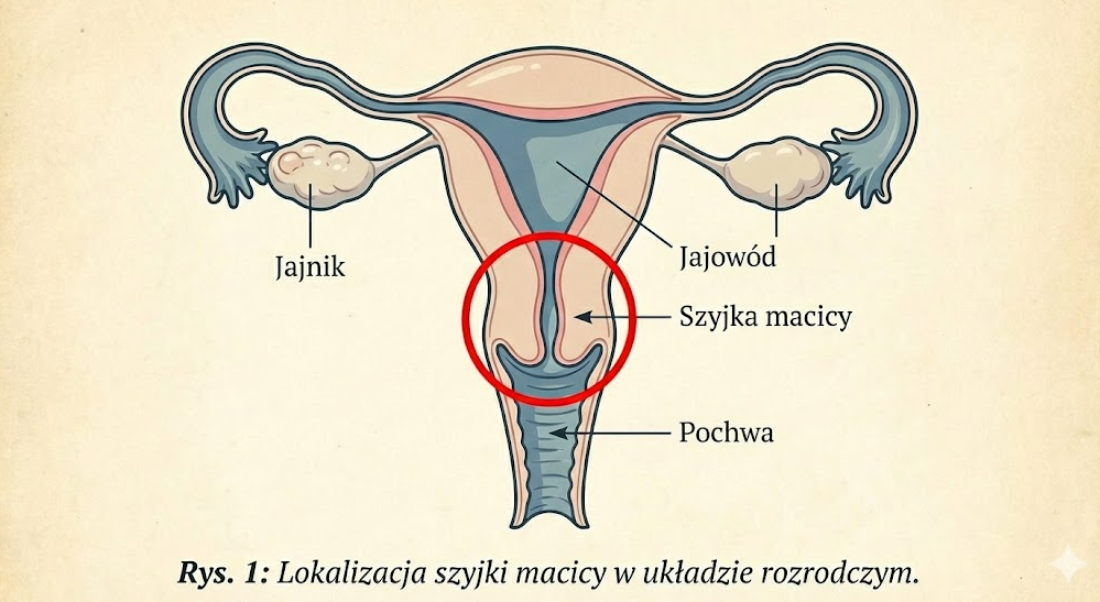 Schemat budowy narządu rodnego kobiety z wyraźnie zaznaczoną lokalizacją szyjki macicy