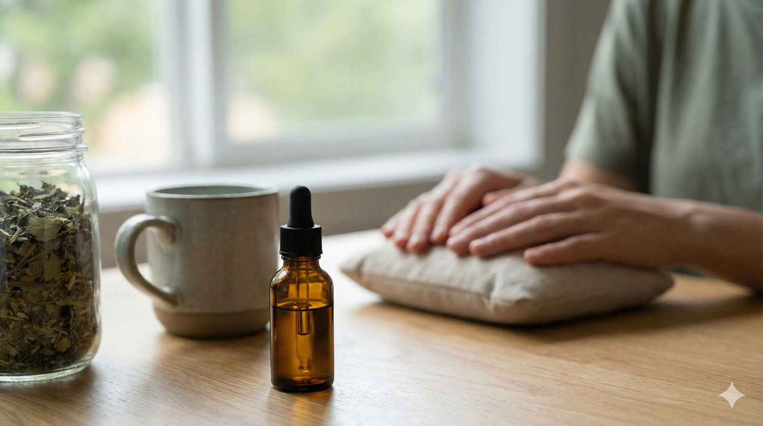 Olejek konopny i susz medycznej marihuany na stole, w tle dłonie osoby z fibromialgią łagodzącej ból