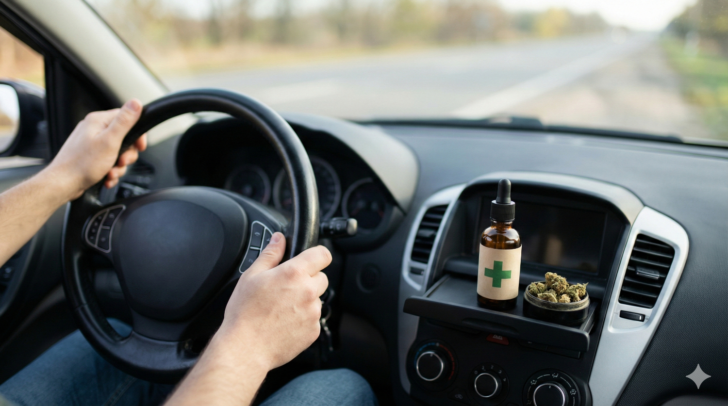 Kierowca w samochodzie, na desce rozdzielczej widoczne opakowanie medycznej marihuany