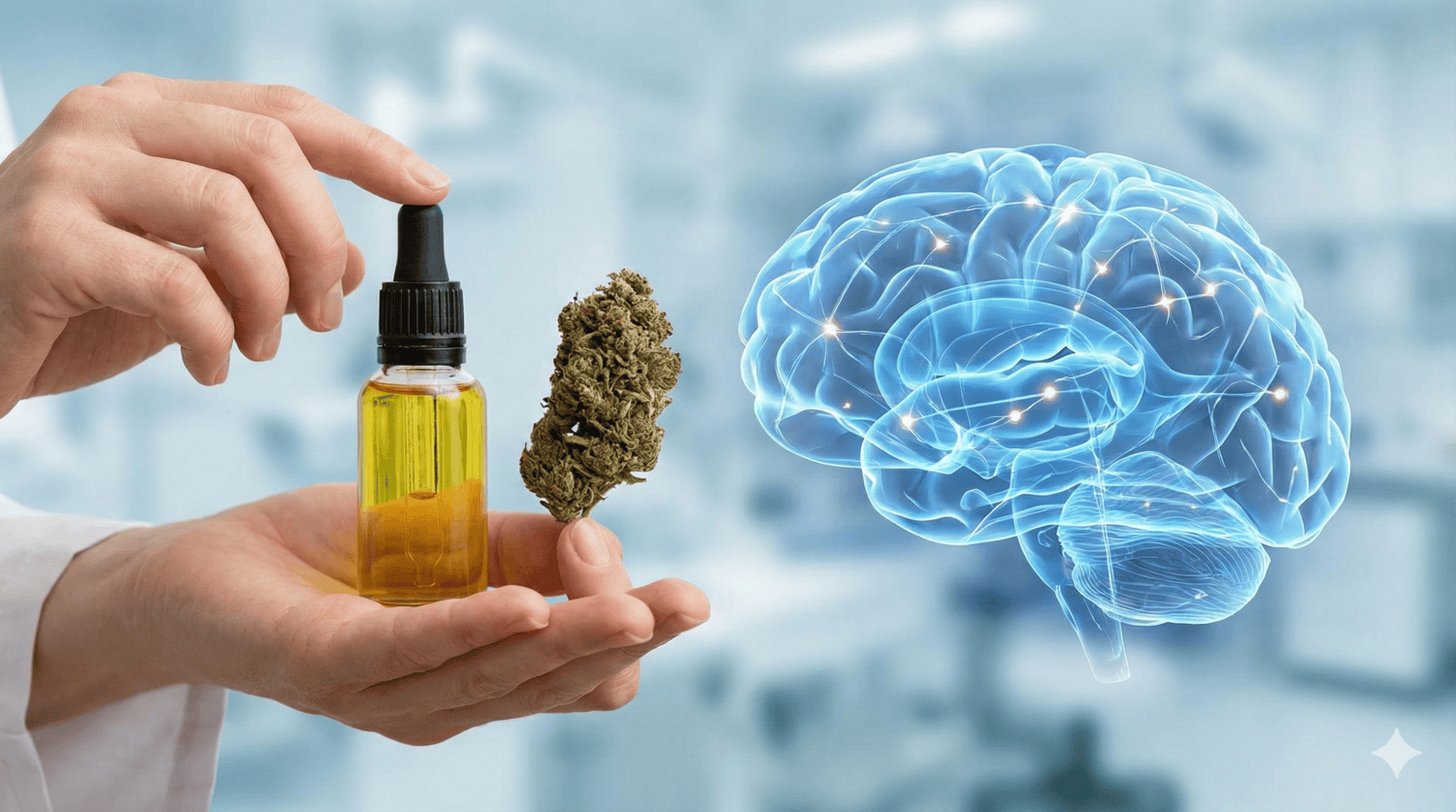 Dłonie trzymające olejek i susz medycznej marihuany obok cyfrowego modelu mózgu, ilustrujące wpływ terapii konopnej na układ nerwowy przy zespole Tourette'a