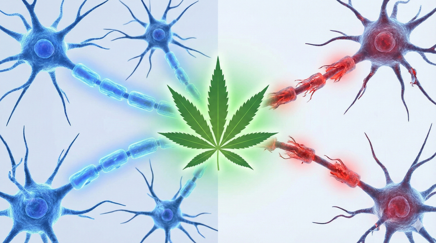 Ilustracja obrazująca wpływ medycznej marihuany na układ nerwowy i neurony w przebiegu stwardnienia rozsianego