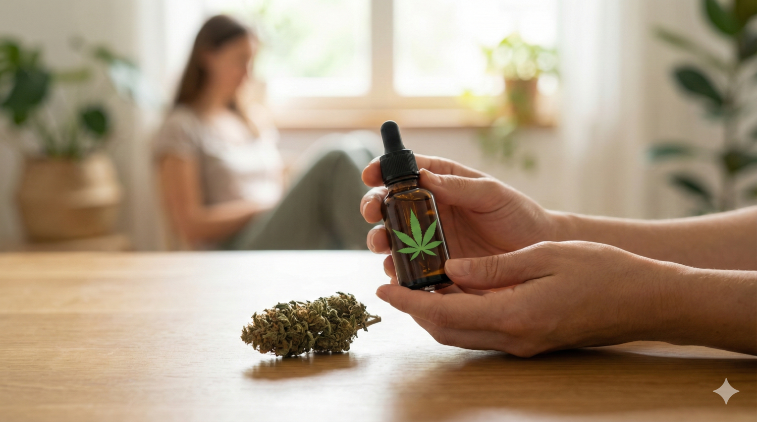 Zbliżenie na dłonie trzymające buteleczkę z olejkiem konopnym oraz susz marihuany leczniczej na drewnianym stole, z rozmytą sylwetką osoby w tle, symbolizujące wsparcie w terapii zespołu stresu pourazowego (PTSD).