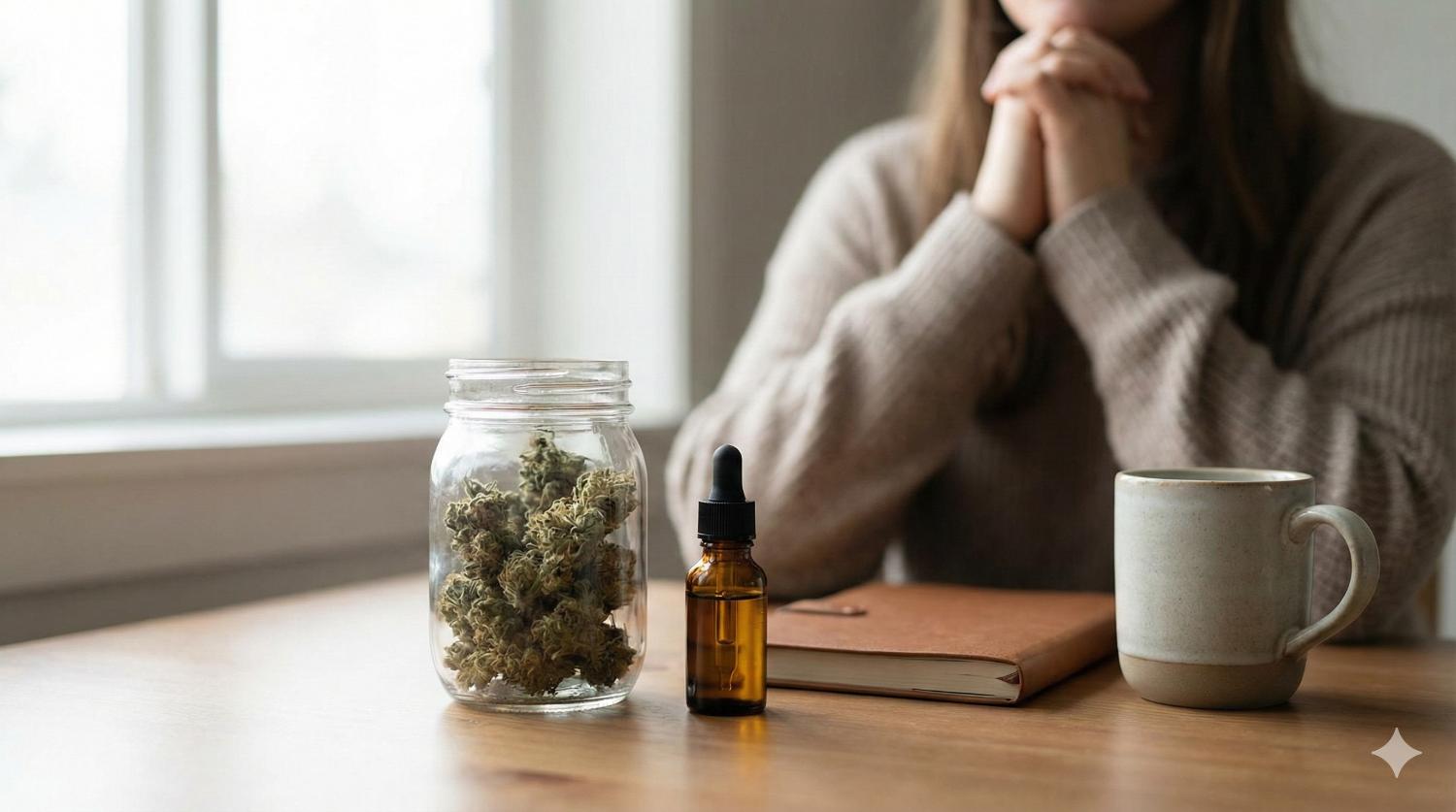 Osoba w zamyślonej pozie siedzi przy stole z olejem CBD, suszem konopnym w słoiku i notatnikiem, symbolizując temat marihuany leczniczej w kontekście zaburzeń lękowych i depresji.