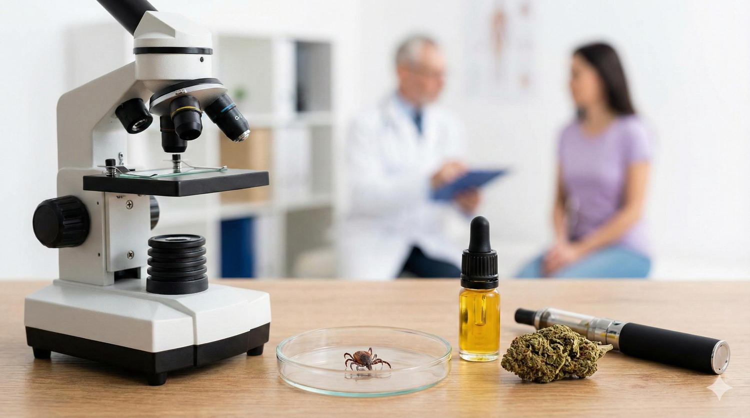Kleszcz na szalce Petriego obok mikroskopu i produktów z medycznej marihuany w gabinecie lekarskim – ilustracja terapii boreliozy