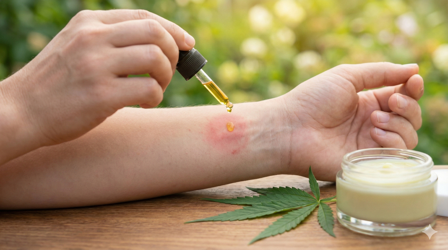 Aplikacja olejku z kroplomierza na zaczerwienioną skórę ręki, obok stoi słoiczek z maścią konopną i leży liść konopi