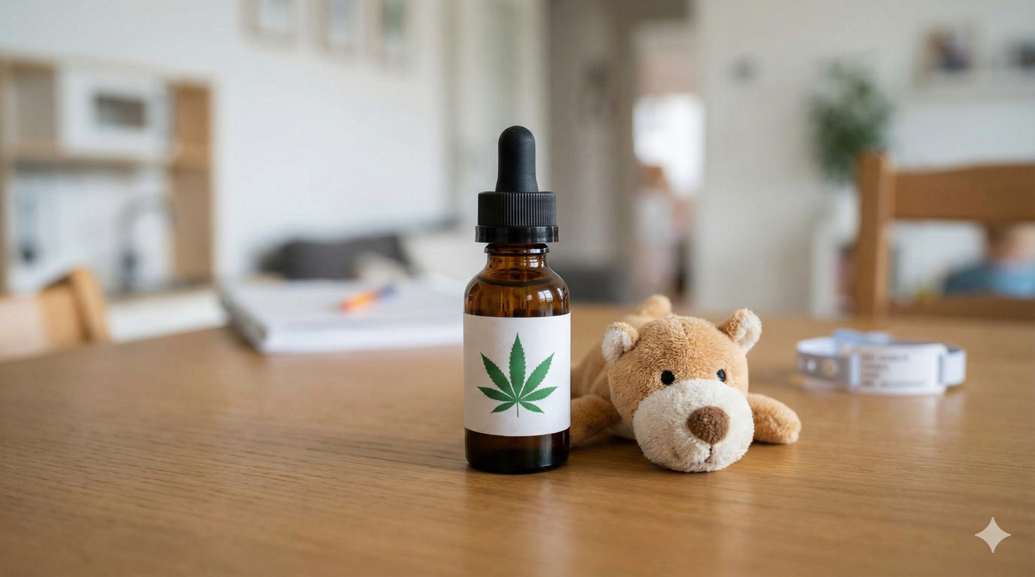 Butelka olejku z medyczną marihuaną stojąca obok pluszowego misia na drewnianym stole - symbol terapii zespołu Draveta u dzieci