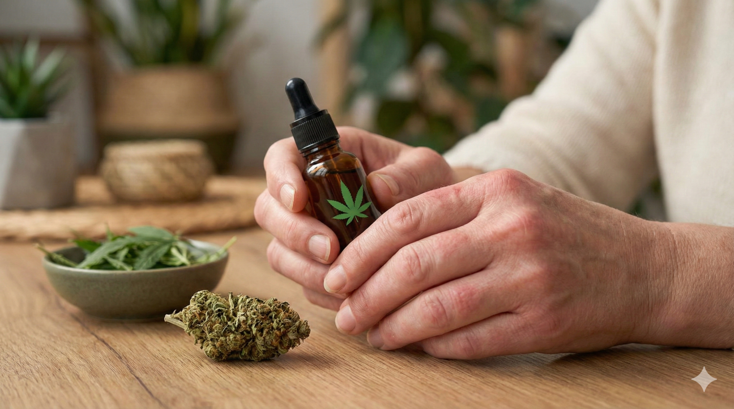 Dłonie seniora trzymające olejek i susz medycznej marihuany obok modelu anatomicznego stawu kolanowego, obrazujące terapię chorób reumatycznych