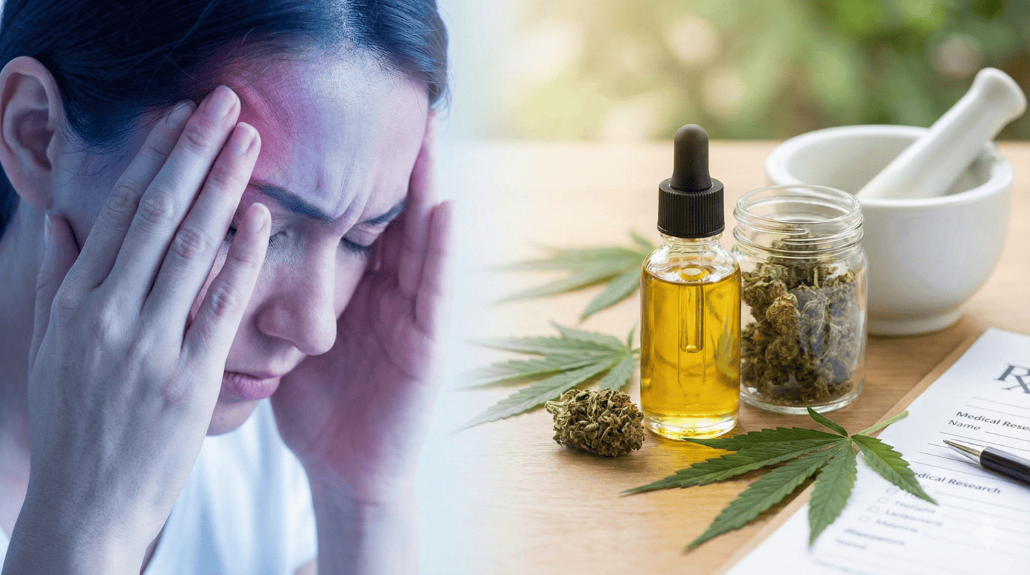 Kobieta cierpiąca na migrenowy ból głowy trzymająca się za skronie oraz produkty medycznej marihuany: olejek i susz konopny
