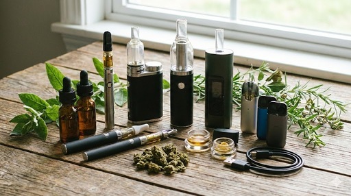 Różne rodzaje waporyzatorów do CBD i olejków ułożone na drewnianym stole obok buteleczek z ekstraktem i suszu konopnego.