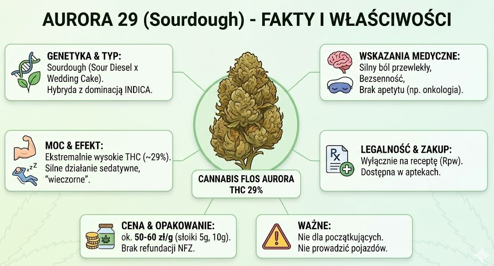 Infografika Cannabis Flos Aurora THC 29% Sourdough - właściwości, działanie i zastosowanie medyczne