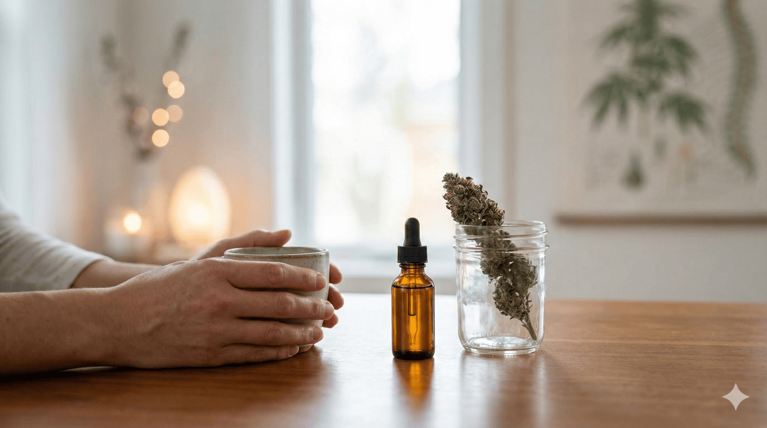 Dłonie trzymające kubek na stole obok buteleczki z olejkiem i suszu medycznej marihuany, ilustracja wspomagającego leczenia bólu neuropatycznego.