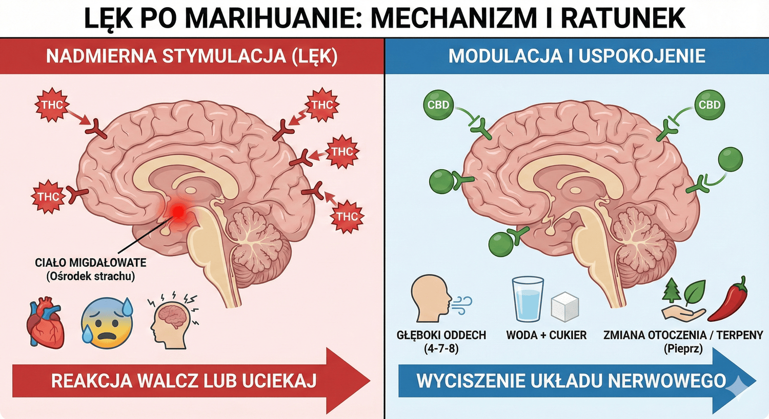 Infografika: Mechanizm powstawania lęku po THC i uspokajające działanie CBD na mózg