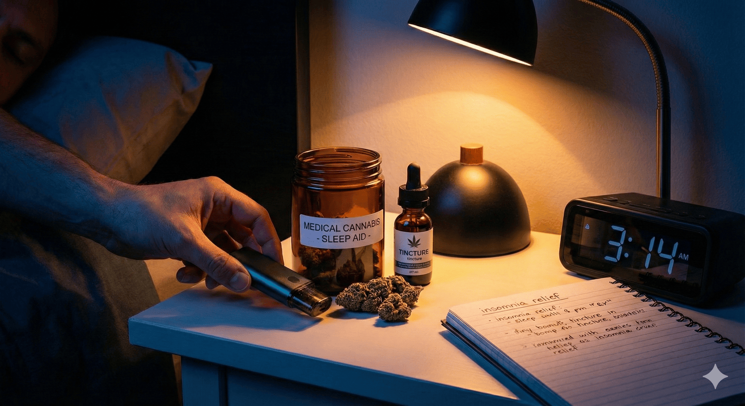 Medyczna marihuana na bezsenność &ndash; szafka nocna z suszem, olejkiem i waporyzatorem oraz budzik wskazujący środek nocy.