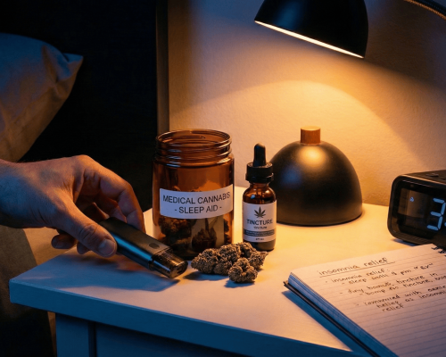 Medyczna marihuana na bezsenność – szafka nocna z suszem, olejkiem i waporyzatorem oraz budzik wskazujący środek nocy.
